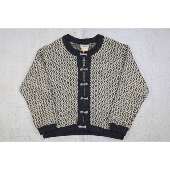 LL Bean Wool Birds Eye Sweater Cardigan Norway Metal Hook Women's Medium Vintage - Picture 1 of 8